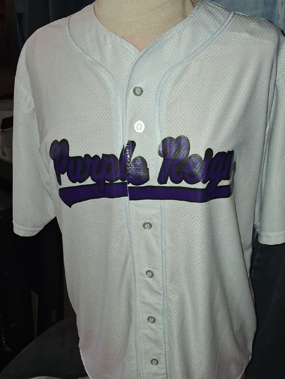 White Baseball Jersey with Purple 'Purple Reign' Script